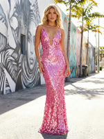 Spaghetti Straps Sequin Deep V Neck Mermaid Evening Dresses