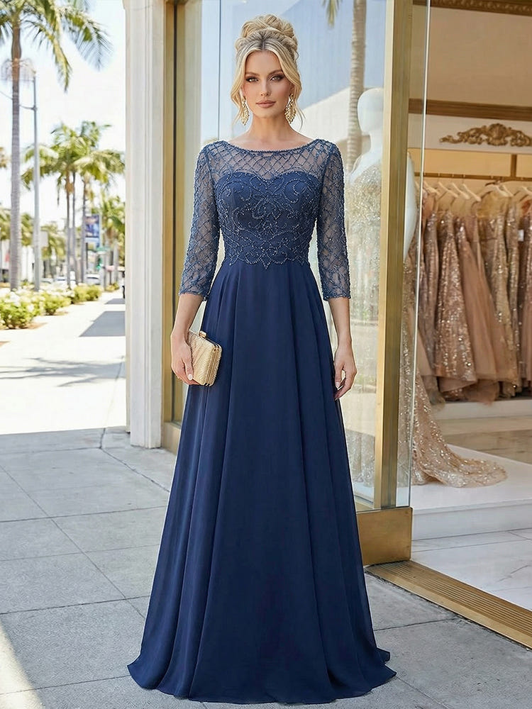 Jewel Neck Beaded Chiffon A Line Mother of the Bride Dresses with Sleeves