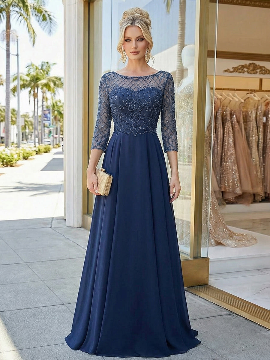 Jewel Neck Beaded Chiffon A Line Evening Dresses with Sleeves