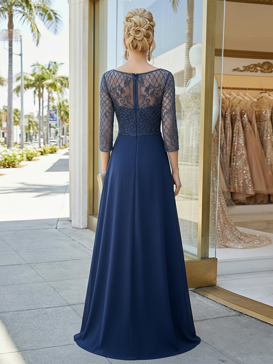 Jewel Neck Beaded Chiffon A Line Evening Dresses with Sleeves