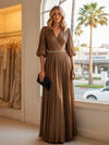 Chiffon A Line V Neck Long Evening Dresses with Puffed Sleeves