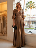 Chiffon A Line V Neck Long Evening Dresses with Puffed Sleeves
