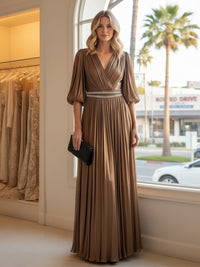 Satin A Line V Neck Long Evening Dresses with Puffed Sleeves