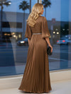 Chiffon A Line V Neck Long Evening Dresses with Puffed Sleeves