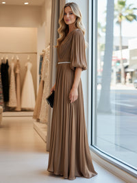 Satin A Line V Neck Long Evening Dresses with Puffed Sleeves