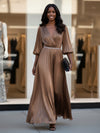 Chiffon A Line V Neck Long Evening Dresses with Puffed Sleeves