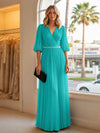 Chiffon A Line V Neck Long Evening Dresses with Puffed Sleeves