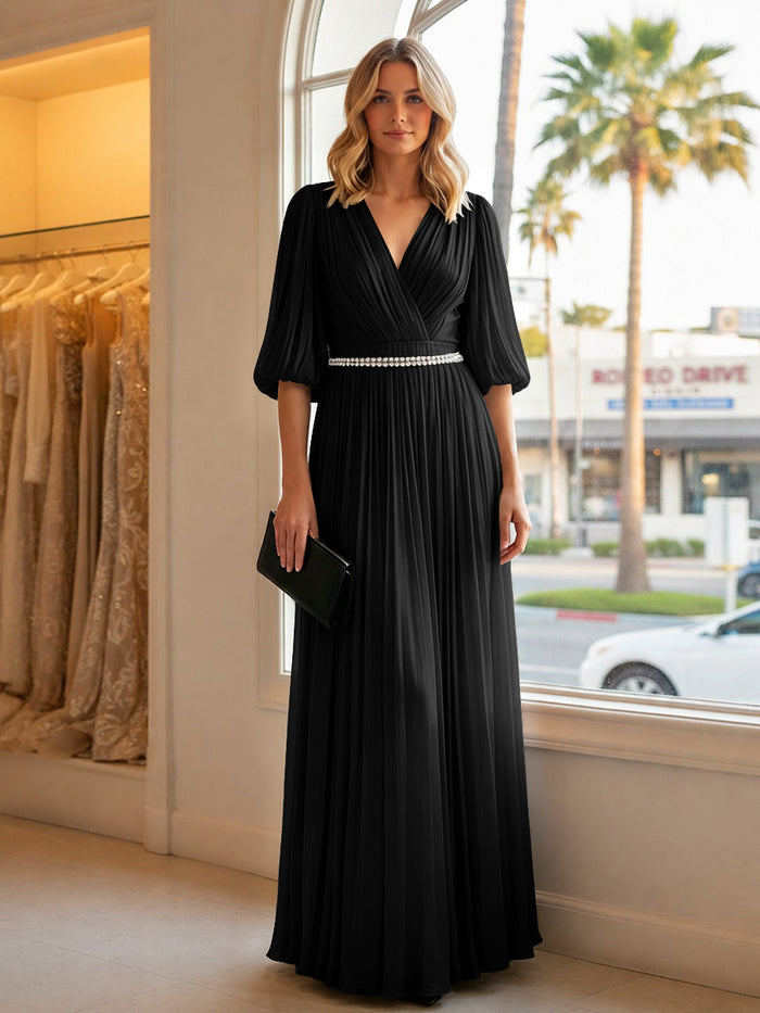 Chiffon A Line V Neck Long Evening Dresses with Puffed Sleeves