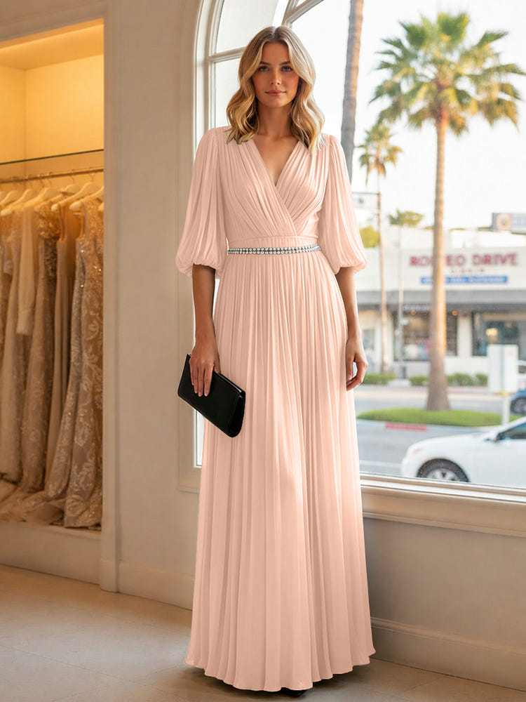 Chiffon A Line V Neck Long Evening Dresses with Puffed Sleeves