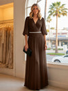 Chiffon A Line V Neck Long Evening Dresses with Puffed Sleeves