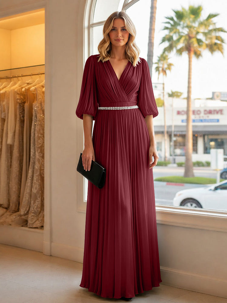 Chiffon A Line V Neck Long Evening Dresses with Puffed Sleeves