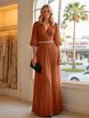 Chiffon A Line V Neck Long Evening Dresses with Puffed Sleeves
