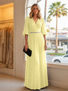Chiffon A Line V Neck Long Evening Dresses with Puffed Sleeves
