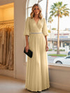 Chiffon A Line V Neck Long Evening Dresses with Puffed Sleeves