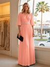 Chiffon A Line V Neck Long Evening Dresses with Puffed Sleeves