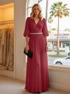 Chiffon A Line V Neck Long Evening Dresses with Puffed Sleeves