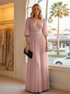 Chiffon A Line V Neck Long Evening Dresses with Puffed Sleeves