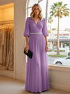 Chiffon A Line V Neck Long Evening Dresses with Puffed Sleeves