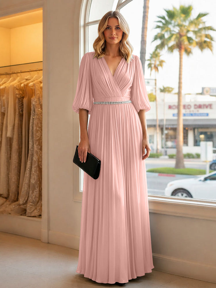 Chiffon A Line V Neck Long Evening Dresses with Puffed Sleeves