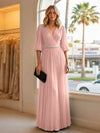 Chiffon A Line V Neck Long Evening Dresses with Puffed Sleeves
