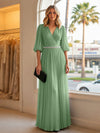 Chiffon A Line V Neck Long Evening Dresses with Puffed Sleeves