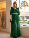 Chiffon A Line V Neck Long Evening Dresses with Puffed Sleeves