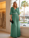 Chiffon A Line V Neck Long Evening Dresses with Puffed Sleeves
