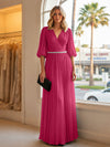 Chiffon A Line V Neck Long Evening Dresses with Puffed Sleeves