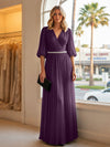Chiffon A Line V Neck Long Evening Dresses with Puffed Sleeves