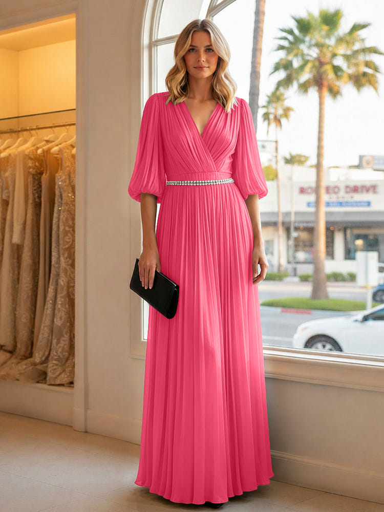 Chiffon A Line V Neck Long Evening Dresses with Puffed Sleeves