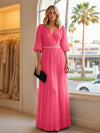 Chiffon A Line V Neck Long Evening Dresses with Puffed Sleeves