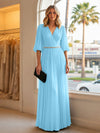 Chiffon A Line V Neck Long Evening Dresses with Puffed Sleeves