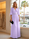Chiffon A Line V Neck Long Evening Dresses with Puffed Sleeves