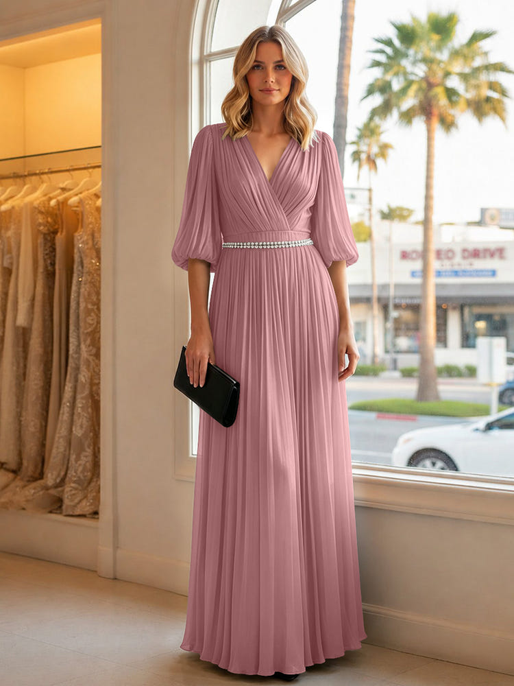 Chiffon A Line V Neck Long Evening Dresses with Puffed Sleeves
