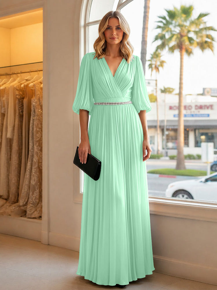 Chiffon A Line V Neck Long Evening Dresses with Puffed Sleeves
