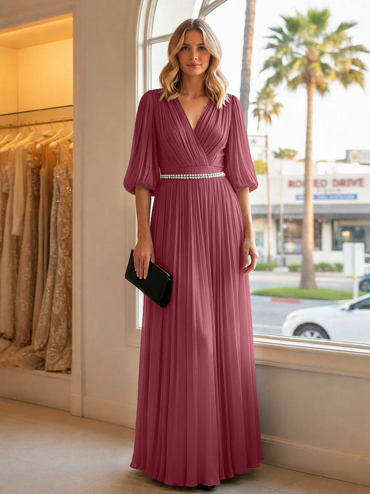 Chiffon A Line V Neck Long Evening Dresses with Puffed Sleeves