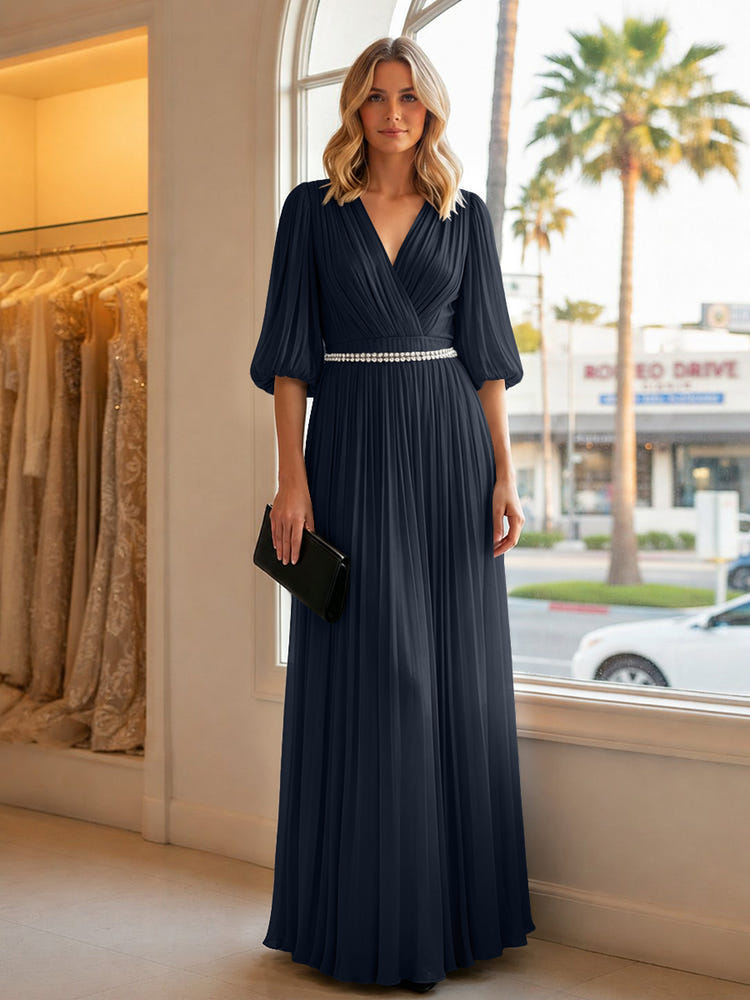 Chiffon A Line V Neck Long Evening Dresses with Puffed Sleeves