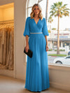 Chiffon A Line V Neck Long Evening Dresses with Puffed Sleeves