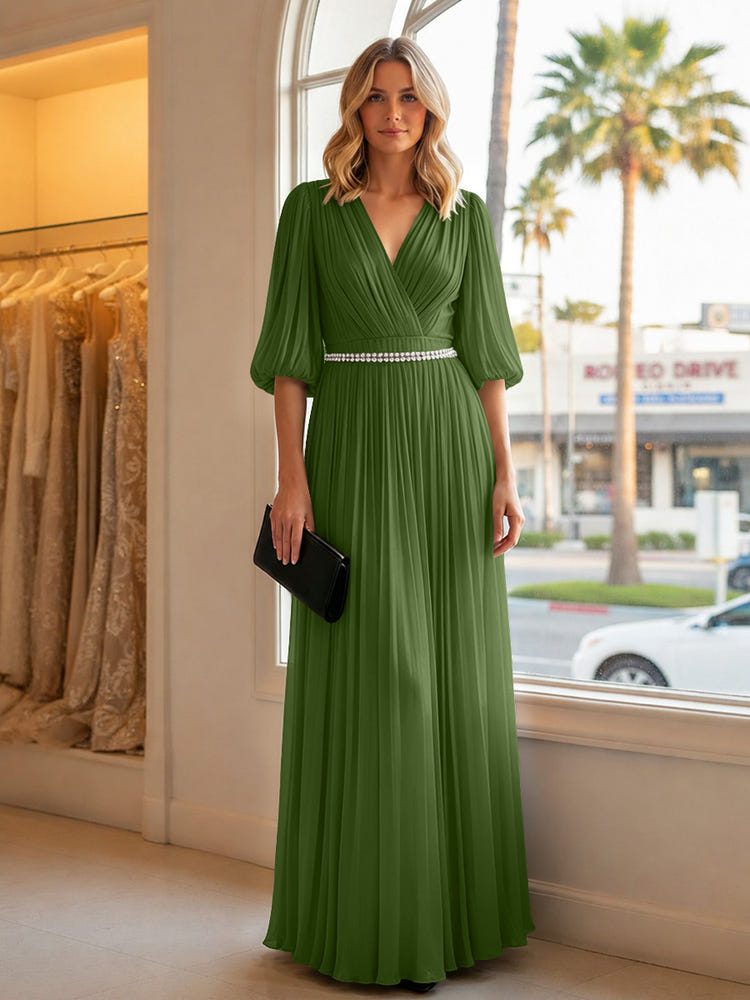 Chiffon A Line V Neck Long Evening Dresses with Puffed Sleeves