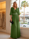 Chiffon A Line V Neck Long Evening Dresses with Puffed Sleeves
