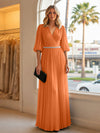 Chiffon A Line V Neck Long Evening Dresses with Puffed Sleeves