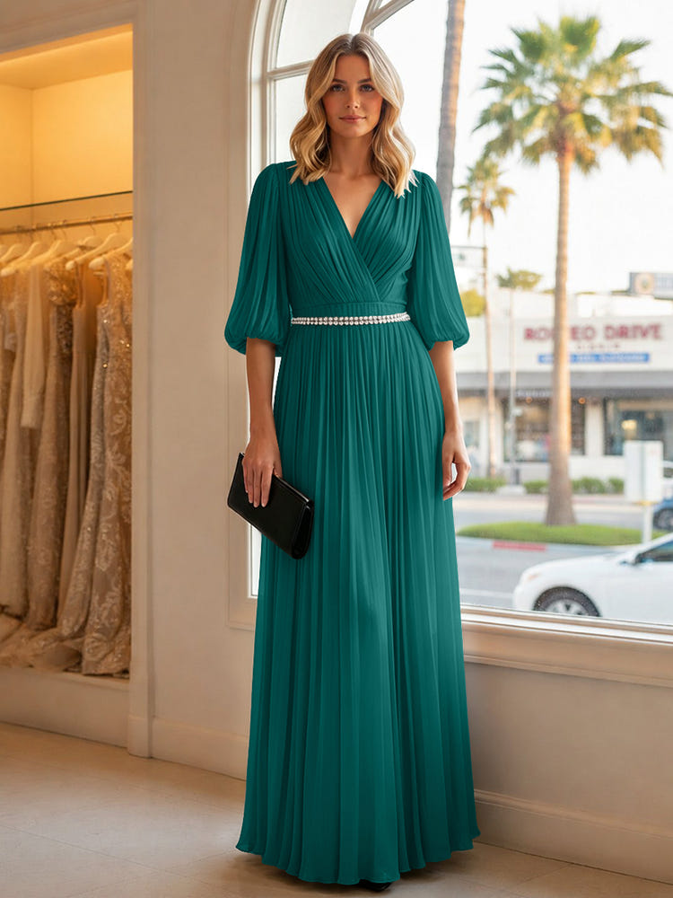 Chiffon A Line V Neck Long Evening Dresses with Puffed Sleeves