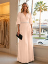 Chiffon A Line V Neck Long Evening Dresses with Puffed Sleeves