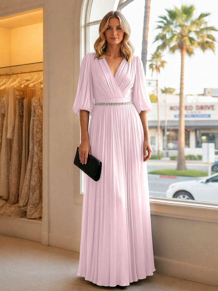 Chiffon A Line V Neck Long Evening Dresses with Puffed Sleeves