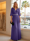 Chiffon A Line V Neck Long Evening Dresses with Puffed Sleeves