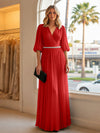 Chiffon A Line V Neck Long Evening Dresses with Puffed Sleeves