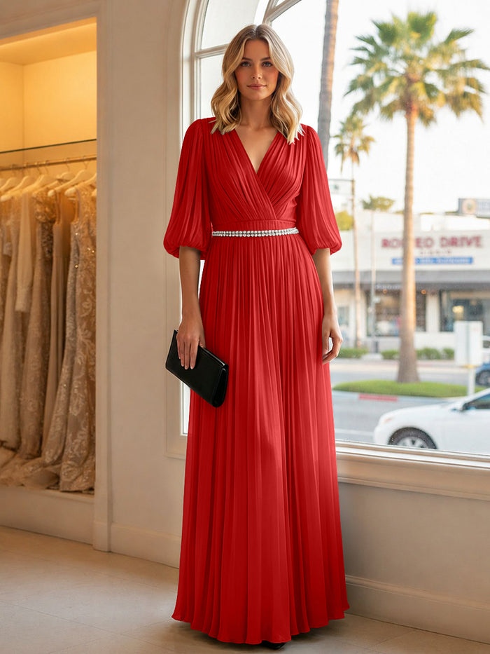 Chiffon A Line V Neck Long Evening Dresses with Puffed Sleeves
