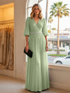 Chiffon A Line V Neck Long Evening Dresses with Puffed Sleeves