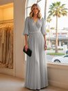Chiffon A Line V Neck Long Evening Dresses with Puffed Sleeves