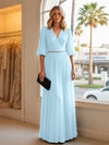 Chiffon A Line V Neck Long Evening Dresses with Puffed Sleeves